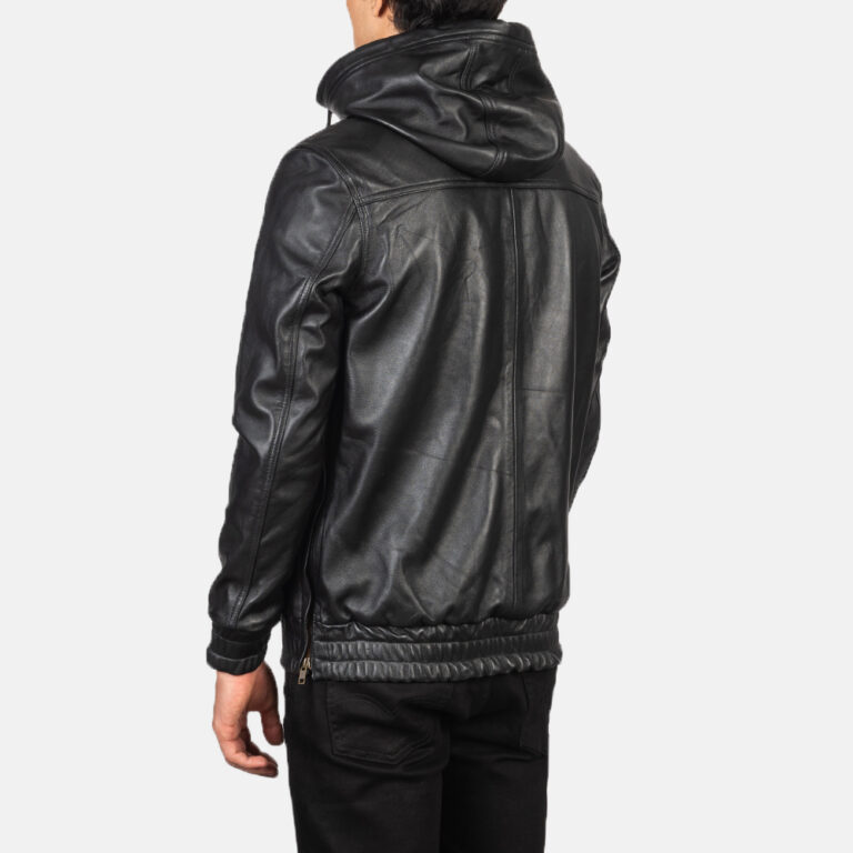 Mens Kenton Hooded Black Leather Pullover Jacket Tilted Back-8-1634134574048